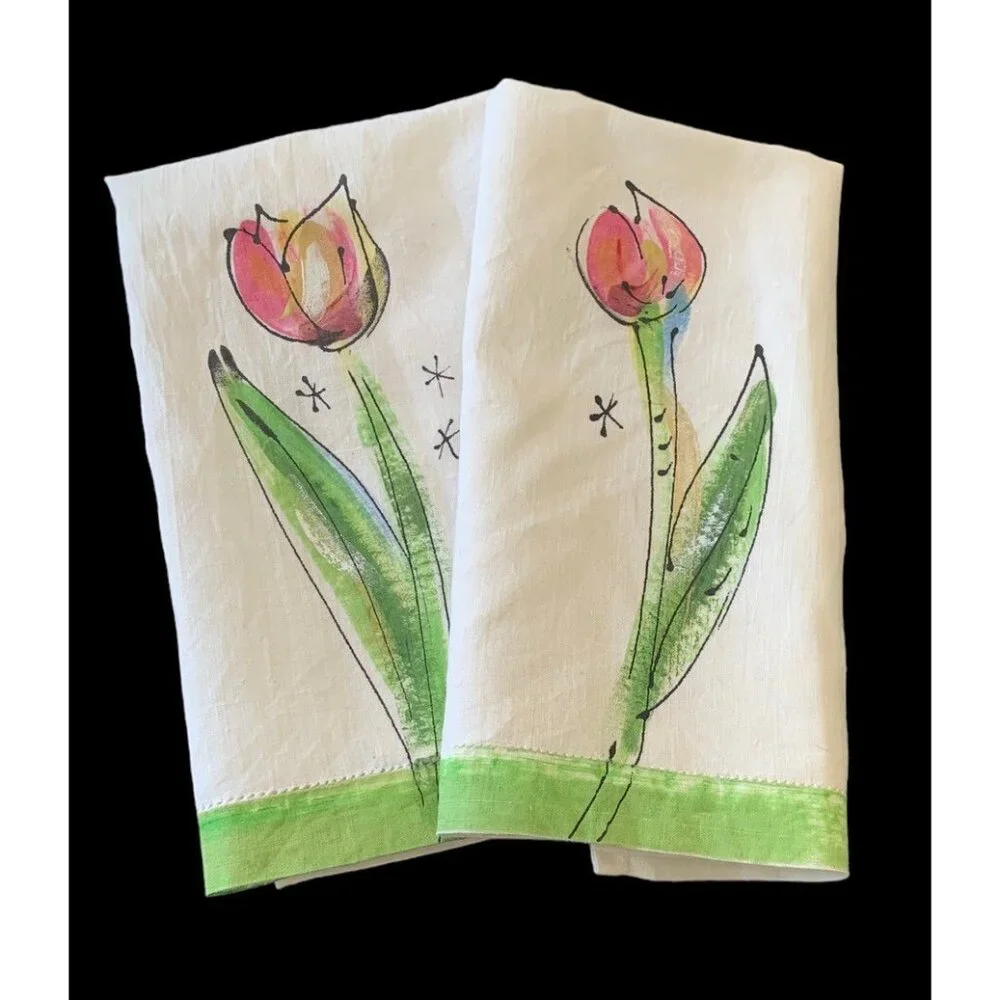 Vintage HAND PAINTED Linen Tea Towels FLORAL Hemstitch Set of 2 NOS 21
